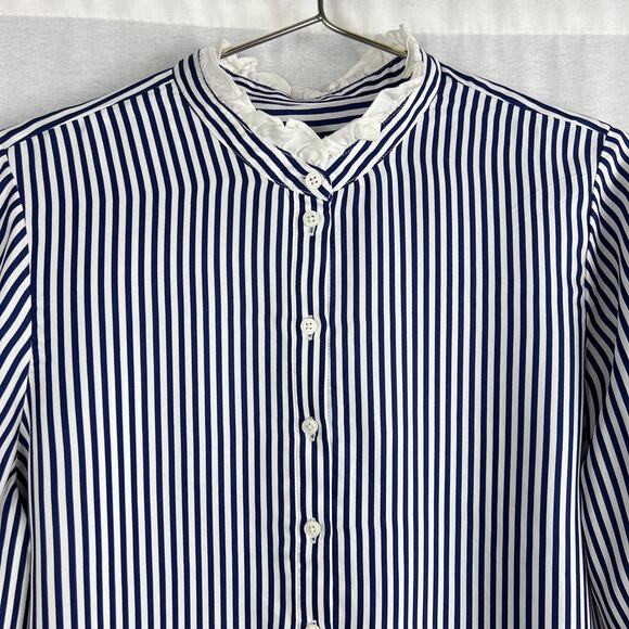 J. Crew Top Drapey Ruffle Trim Shirt Striped Old Money Nautical Victorian Preppy - Picture 2 of 6